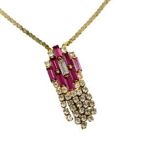 Hobe Signed 16" Choker Necklace Gold Tone Pink Retro Rhinestone Pendant